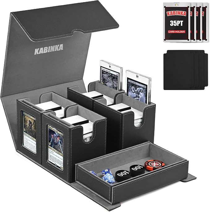 Kabinka Card Deck Box for MTG Commander, Holds 400+ Double-Sleeved Cards, 5 IN 1 Detachable Card Case with Dice Tray, Fits Magic/TCG Cards, 4 Magnetic Card Holders & Dividers (Black)