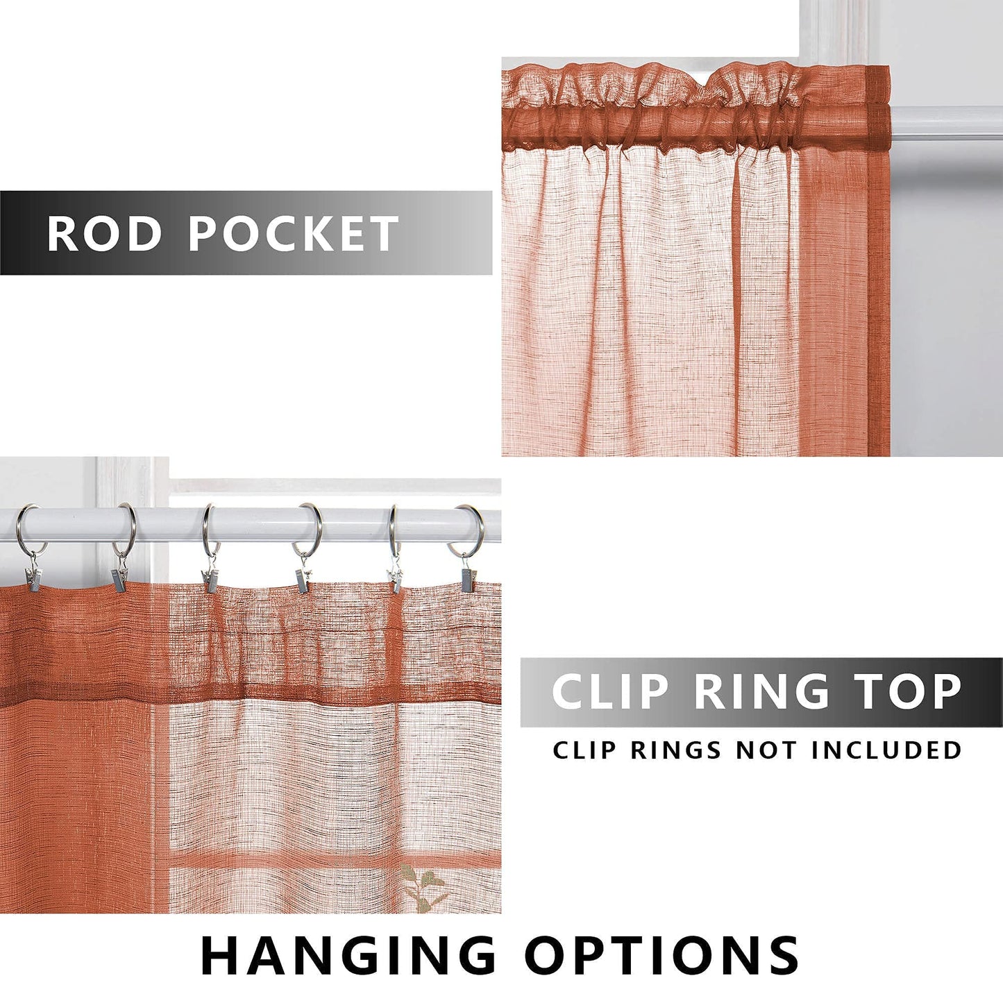 KOUFALL Sheer Boho Curtains for Bedroom 2 Panels,Window Treamtments Rod Pocket Bohemian Curtains for Living Room 96 Inches Long,Rust Orange Terracotta