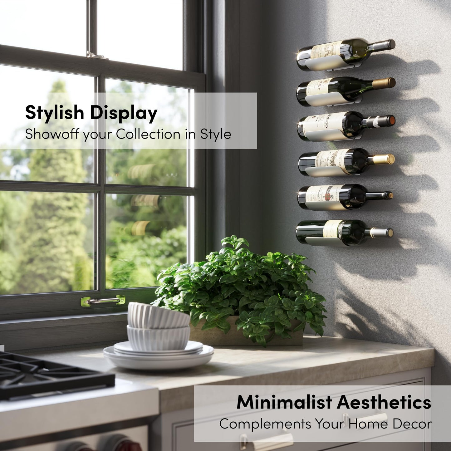 xympo Wall Mounted Wine Rack Set – 6-Piece Aluminum Bottle Holders with Non-Slip Cork Pads for Secure Storage