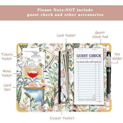YeeCASE 2Pack Flower Server Book for Waitress with Money Pocket and Zipper Pouch, Fits Waitress Apron, Waitress Accessories, Receipt Holder with High Volume Pocket (Flower-Grass)