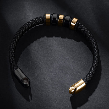 LJWVX Mens Black Leather Bracelets,Braided Leather Wristband Cuff Bracelet,Stainless Steel Clasp,Gifts for Men