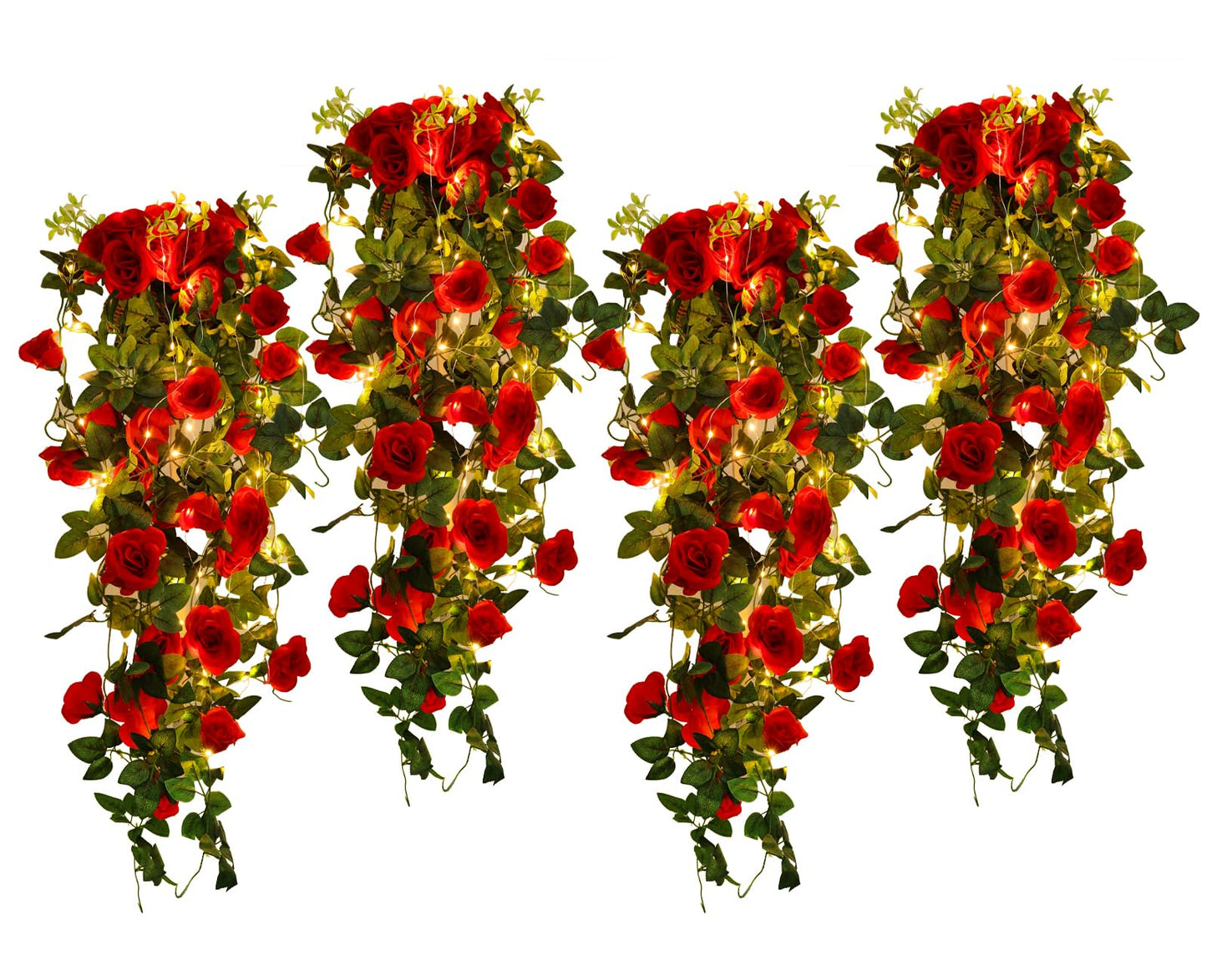 RECUTMS Artificial Red Rose Hanging Flowers Plants, 4PCS 37 Inches Draping Fake Ivy Garland with 30 LED Fairy String Lights for Home Garden Wedding Valentines Day Indoor Outdoor Greenery Decorations