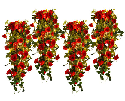 RECUTMS Artificial Red Rose Hanging Flowers Plants, 4PCS 37 Inches Draping Fake Ivy Garland with 30 LED Fairy String Lights for Home Garden Wedding Valentines Day Indoor Outdoor Greenery Decorations