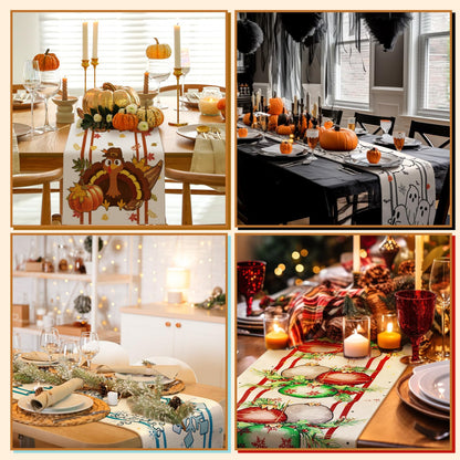 Honeydak 12 Pcs Holiday Table Runner Seasonal Farmhouse Table Decor 13 x 72 Inch Thanksgiving Christmas Decorations Fall Halloween for Home Party Dining Room Kitchen