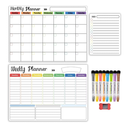 Hivillexun 3-Pack Magnetic Dry Erase Calendar Whiteboard Set for Fridge, Wall & Refrigerator Organisation – Monthly, Weekly & Daily Planners – Includes 8 Markers & Eraser