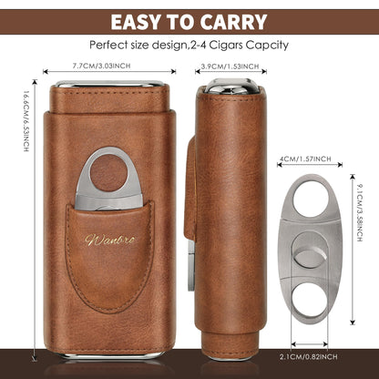 wanbro Cigar Case, 3pcs Holder, Cigars Travel Case, Cedar Lined, Leather Made Cigar Humidor with Stainless Cutter, Christmas gift for men dad