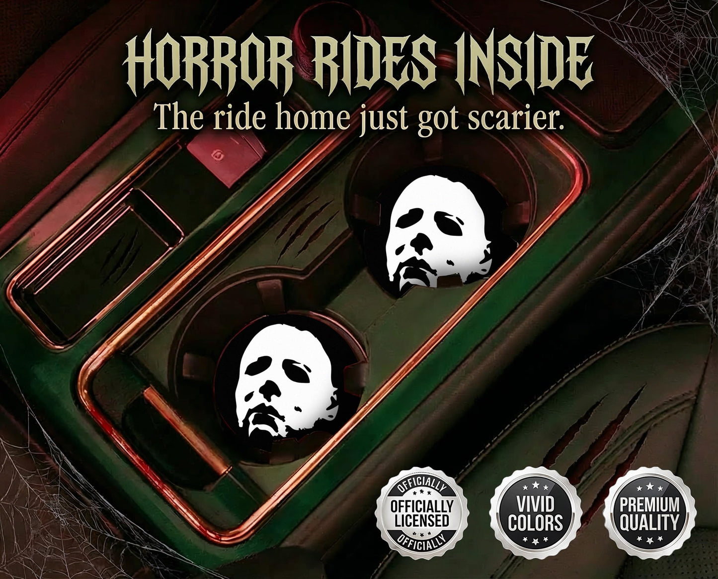 Elektroplate Officially Licensed Michael Myers Halloween Automotive Ceramic Coasters (2.6" Diameter) | Universal Fit for All Cars, Trucks, SUVs, and More | Absorbent Non-Slip Durable | Set of 2