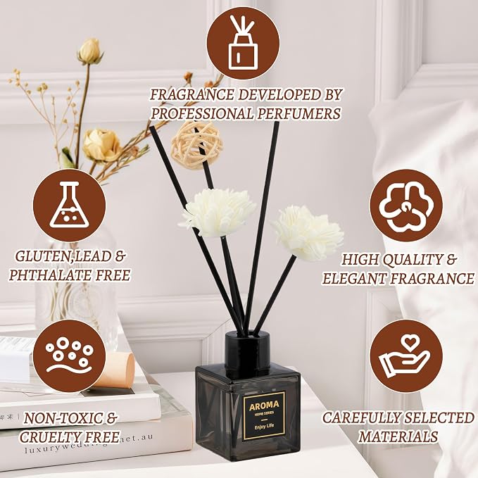 Black Glass Bottle Scent Diffuser, 1.7 oz Reed Diffuser with Sticks, Home Fragrance for Bookshelf, Bedroom Vanity, Office Desk & Bathroom Decor, Air Freshener for Aesthetic Room Decor (Lavender)