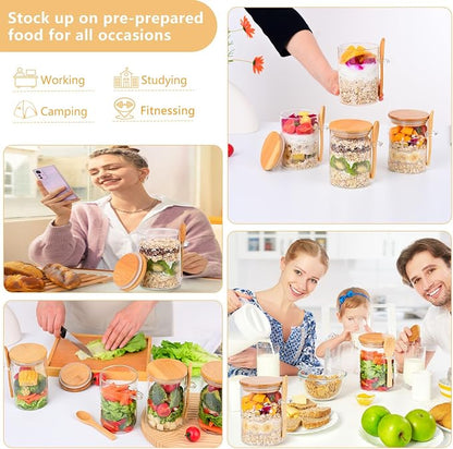 Overnight Oats Containers with Lids and Spoon [Thickened Version], Glass Jars with Bamboo Lids, 4 Pack 18 ozOatmeal and Salad Meal Prep Containers,Chia Seed Pudding Jars