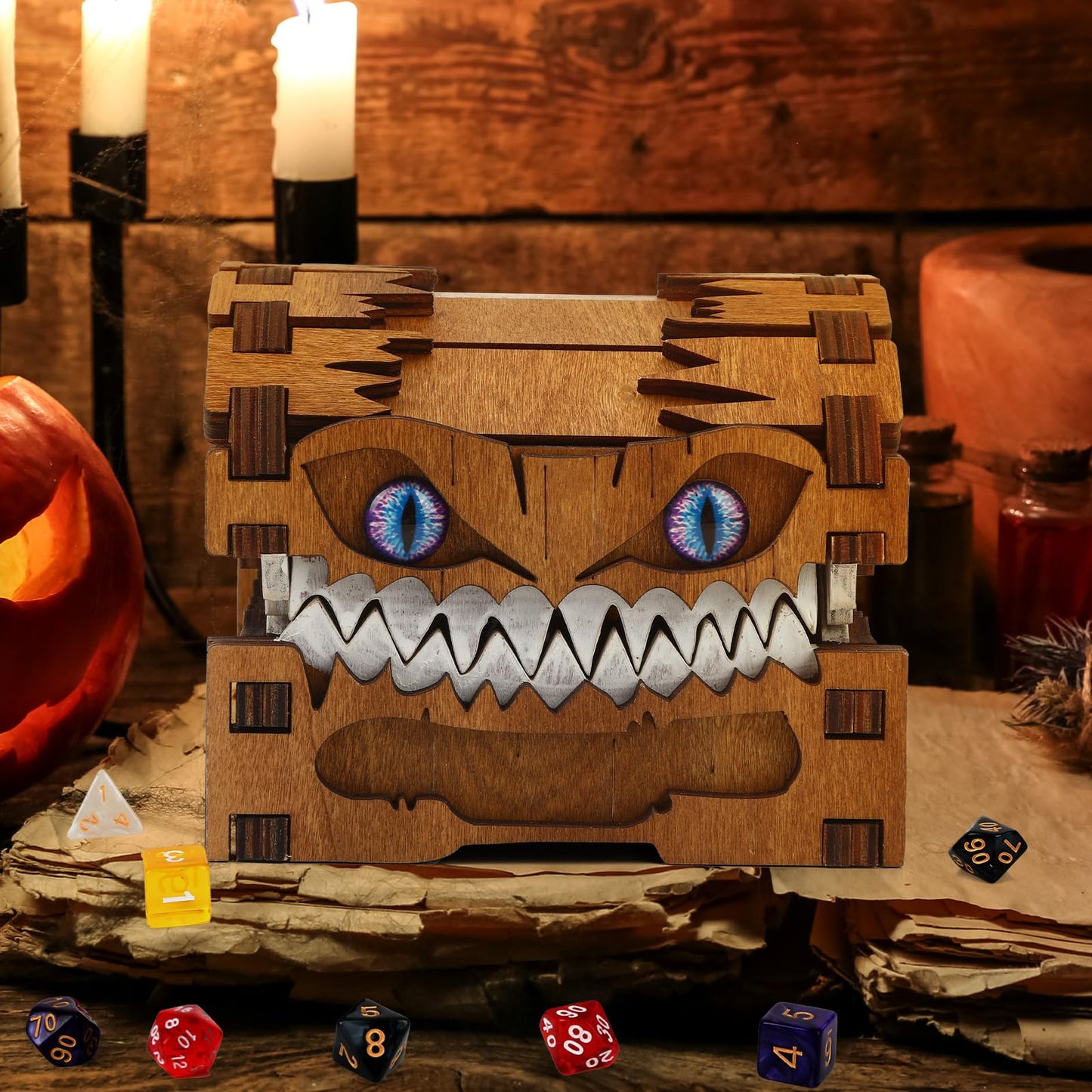 JULEASEL Mimic Dice Box – Wooden Monster Treasure Chest with Teeth & Blue Eyes, Halloween Desk Decor Creepy Box, Funny Dice Storage for Tabletop RPG & Fantasy Games (Starfang)