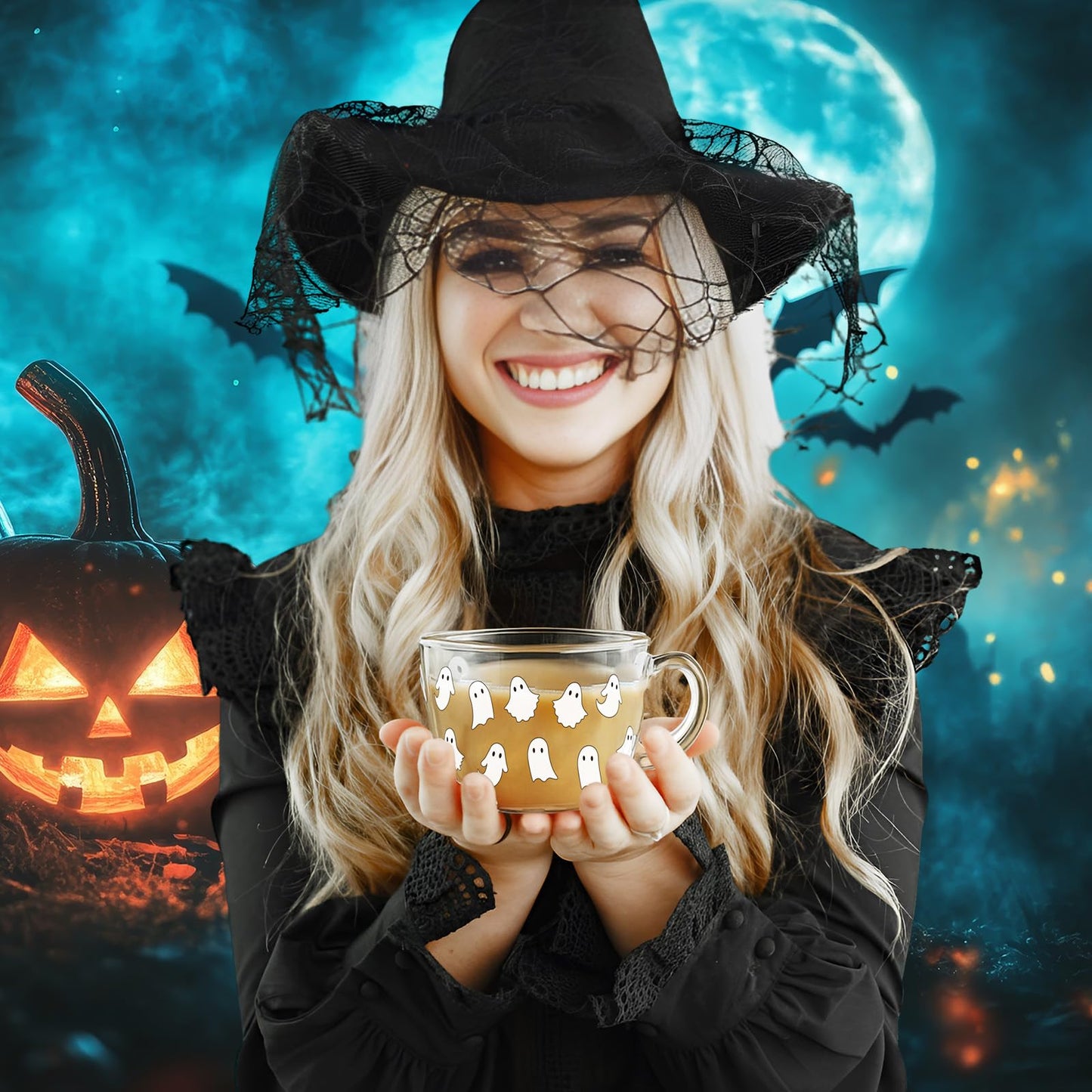 Sliner 6 Pcs Halloween Glass Coffee Mugs with Handle, 16 oz Clear Irish Coffee Mugs Halloween Ghost Footed Irish Glasses Cups for Beverages Latte Hot Chocolate(Ghost)