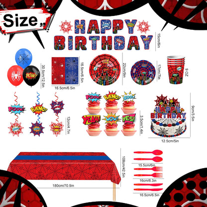103pcs Spider Web Birthday Party Decorations Supplies, 10 Guests Spider Web Party Tableware Including Spider Balloons Cake Topper Banner Plates Spiral Pendant Cupcake Toppers etc Spider Party Supplies