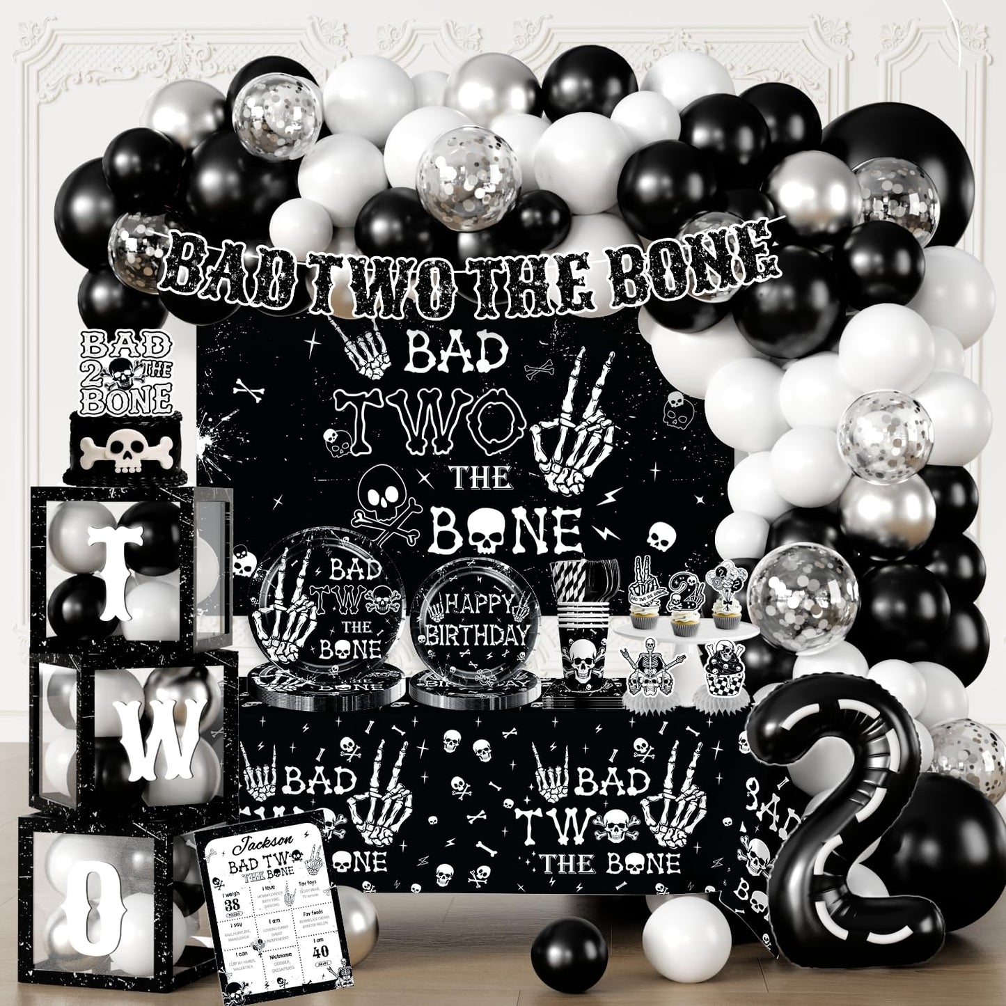 cocomigo Bad Two the Bone Party Decorations Boy for 25 Guests, 292PCS Cute Skeleton-Themed Black White All-in-One 2nd Birthday Decorations, with Balloon Arch Plates Banner Cake Topper & Centerpieces