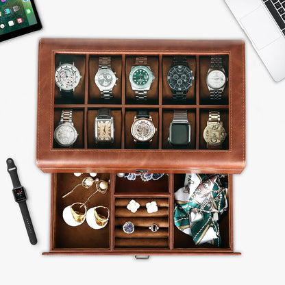 HELMDY Leather Watch Box with Drawer-10 Slots Locking Jewelry Watches Holder for Men-Luxury Watch Case Display Organizer-2 Tier Organizer Watch Showcase-Storage Case