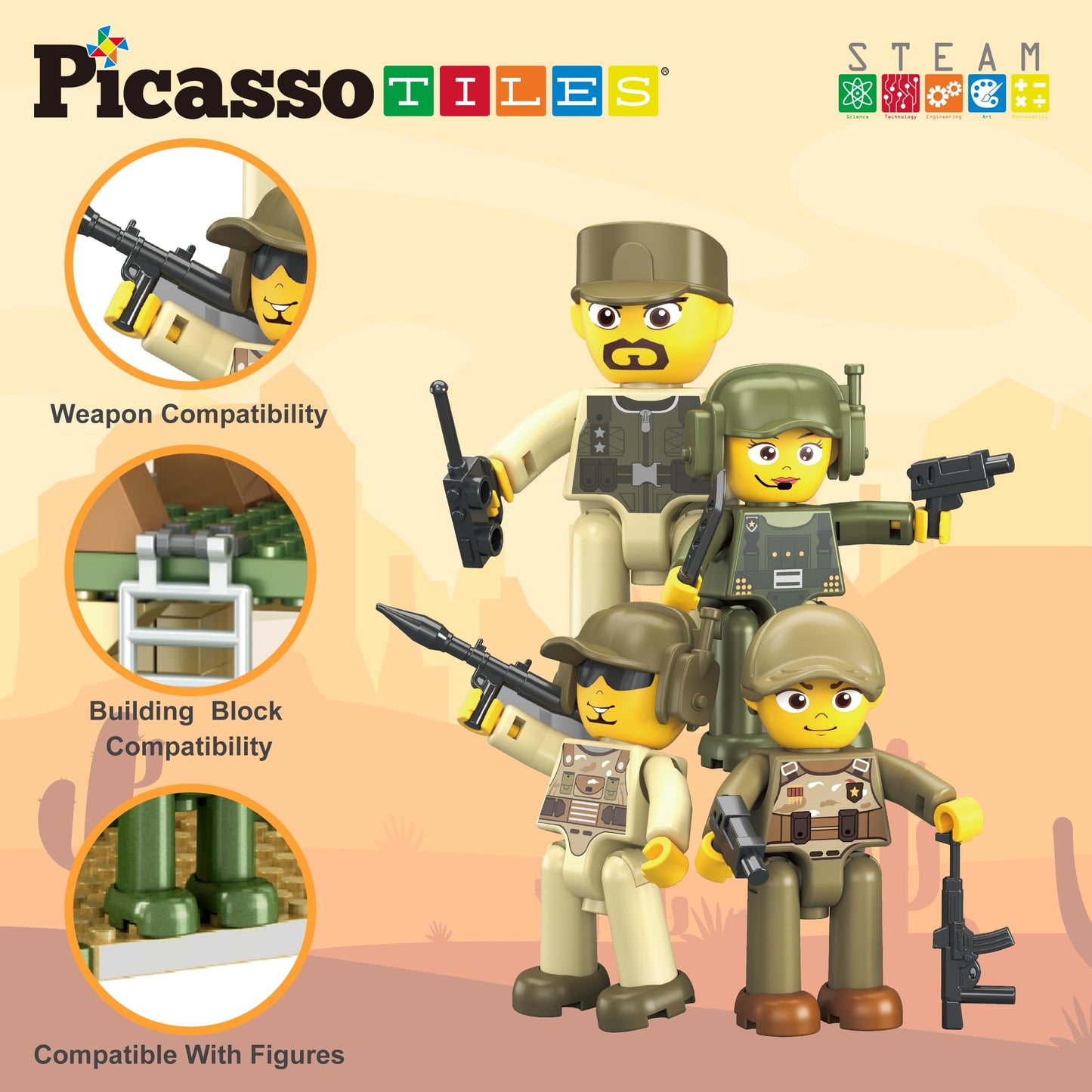 PicassoTiles Magnet Tile Building Brick Blocks Military Combat Force Theme Magnetic Tiles Construction Block Playset 4 Character Action Figures with Weapons Interlocking Bricks STEM Toy Ages 3+ PTL18
