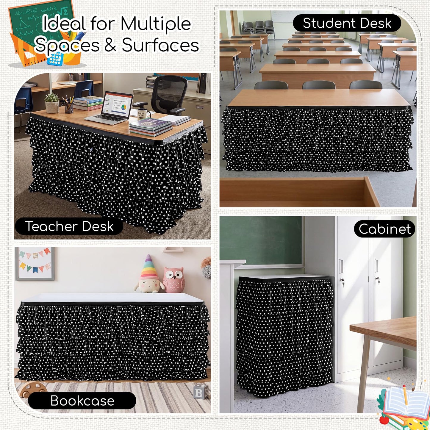 Panelee 6ft Black and White Polka Dot Table Skirt, Tutu Ruffled Teacher Desk Skirt, Back to School Table Cover for Kindergarten Preschool Middle School Classroom Office Bookcase Cabinet Decor