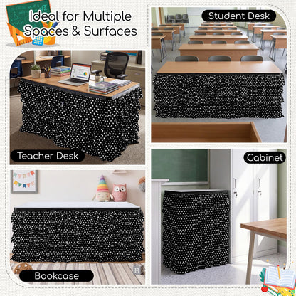 Panelee 6ft Black and White Polka Dot Table Skirt, Tutu Ruffled Teacher Desk Skirt, Back to School Table Cover for Kindergarten Preschool Middle School Classroom Office Bookcase Cabinet Decor