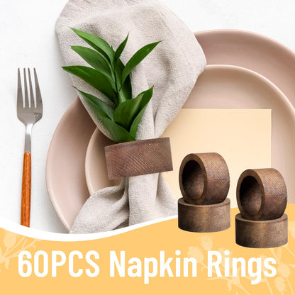 60pcs Wooden Napkin Rings, Handmade Dining Table Napkin Holder, Rustic Wood Napkin Holders Bulk for Weddings, Thanksgiving, Christmas & Events - 2 Inch, Brown