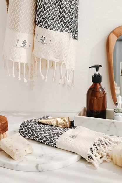 Madamelique Exclusive Hand Towels Set of 2-18 x 40 Inches - Decorative Bathroom Peshtemal Towel for Hand, Face, Hair, Yoga, Tea, Dishcloth, Kitchen and Bath - 100% Pure Cotton (Vintage Black)