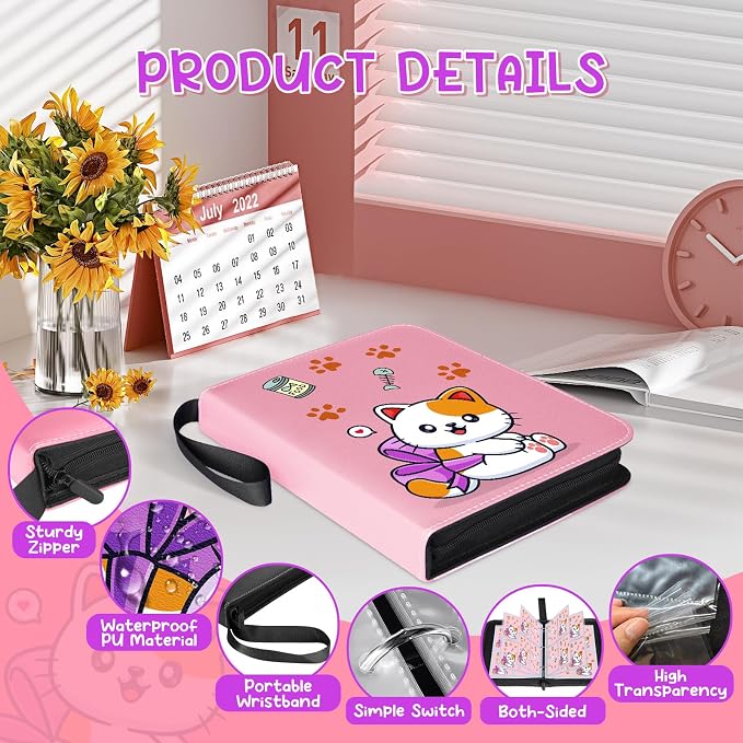 Premium 4 Pocket Trading Card Binder,400 Capacity with 50 Removable Sleeves | PU Leather Zipper Album Book for Sports Cards, Game | Card Storage & Organization for Girls Collector Rose Pink