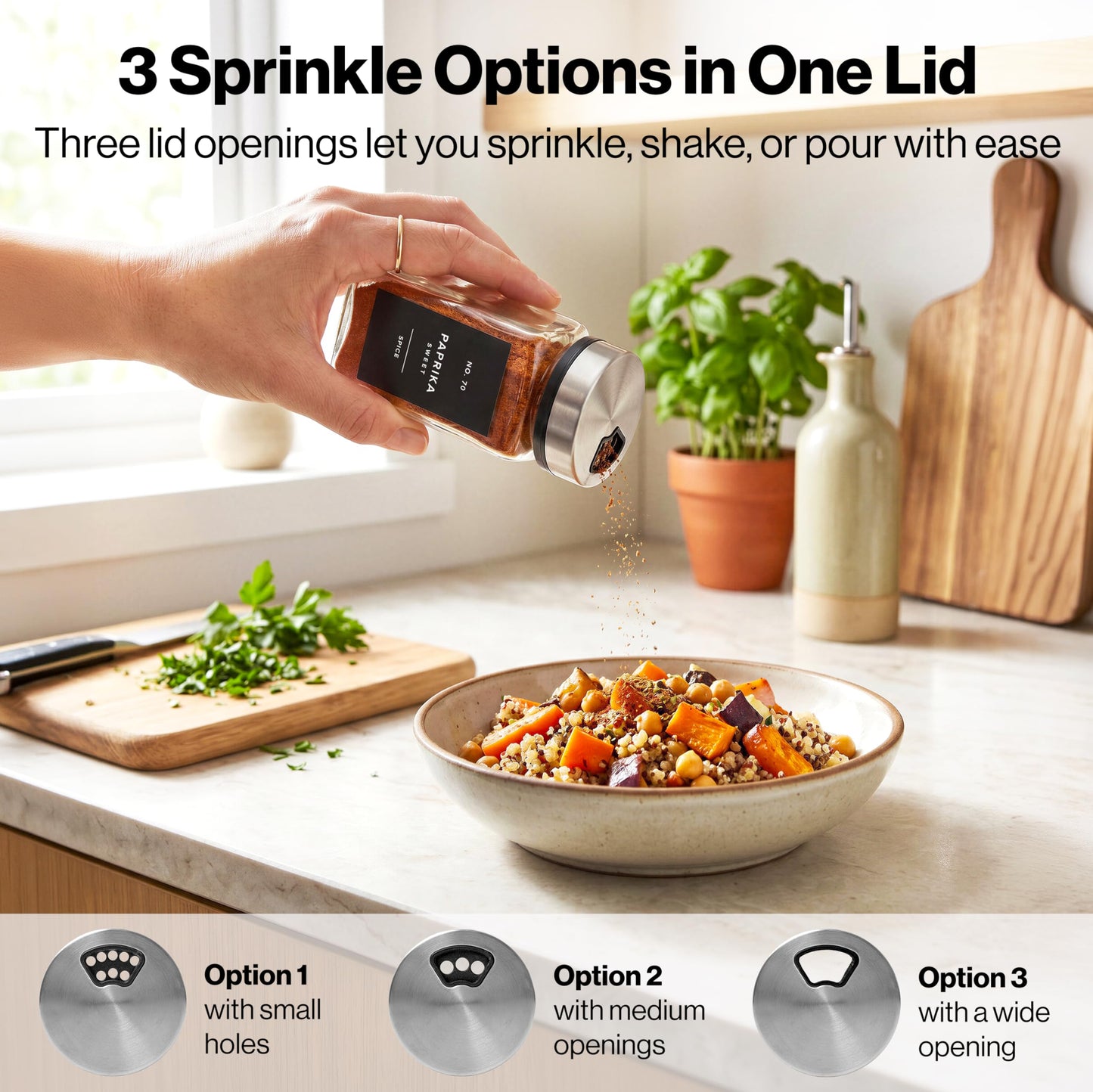 EDELHAUS Glass Spice Jars with Label and Silver Rotating Lids (24 x 4oz) Spice Containers with 240 Labels, Shaker Inserts, Steel Funnel, Empty Square Containers