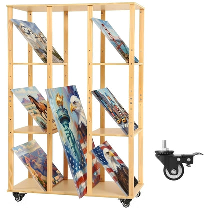 MOOFI Extra-Large Art Storage Rack with Wheels, Adjustable Display Wooden Drying Rack for Canvas, Panels, Prints and Artworks, Multi-Tier Art Organizer for Galleries, Classroom, Studios (Natural)
