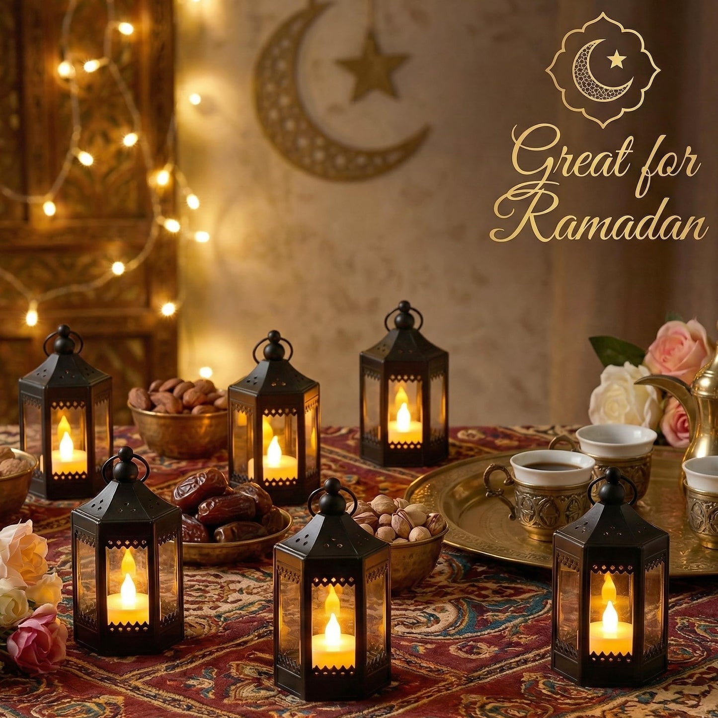 Vela Lanterns Tea Light Candle Holders, Mini Table Centerpieces, Black
