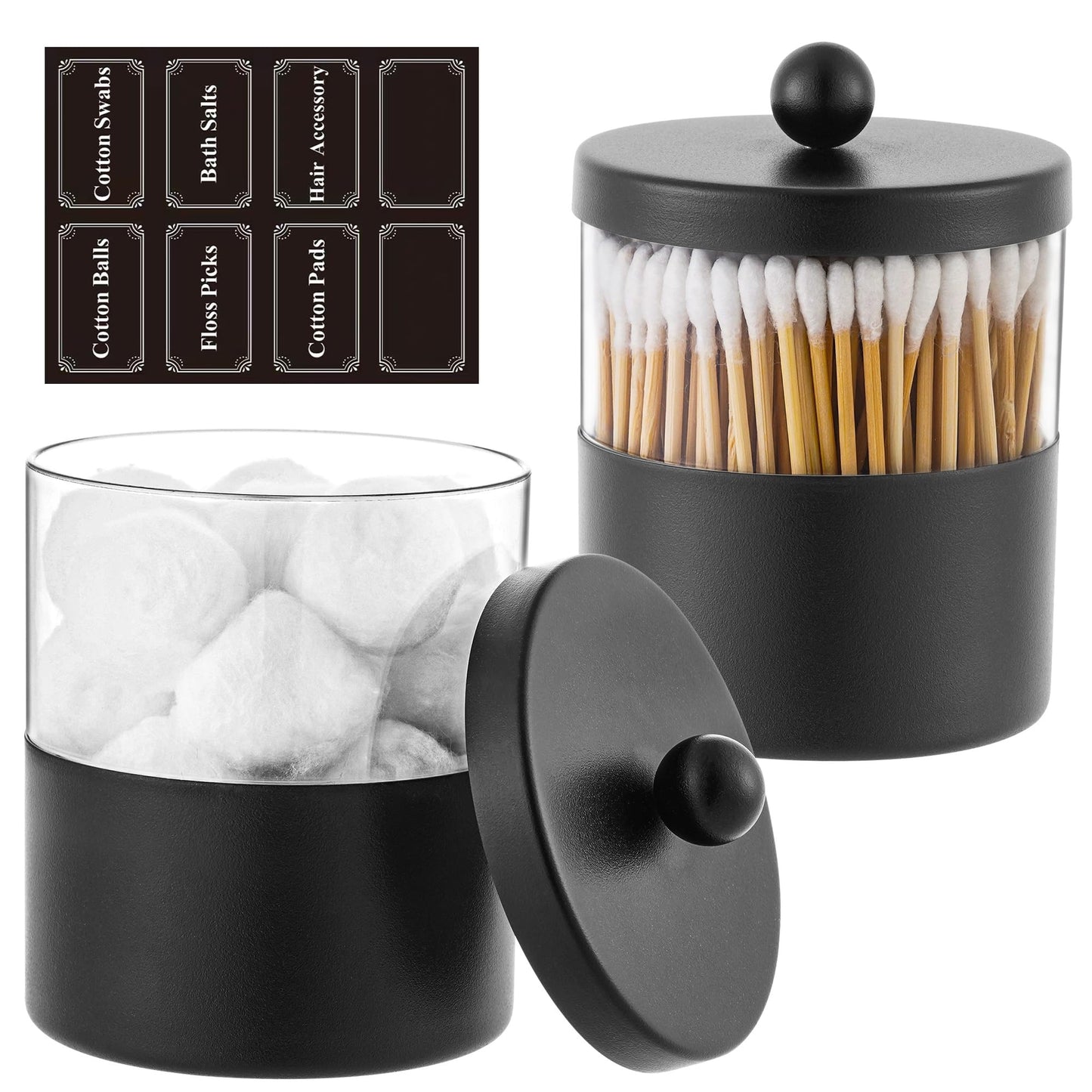 Gaussra Black Apothecary Jars, Black Qtip Holder - Stainless Steel Bathroom Jar with Stickers - Farmhouse Decor Qtip Dispenser for Qtips, Cotton Balls, Swabs, Makeup Sponges (2-Pack)