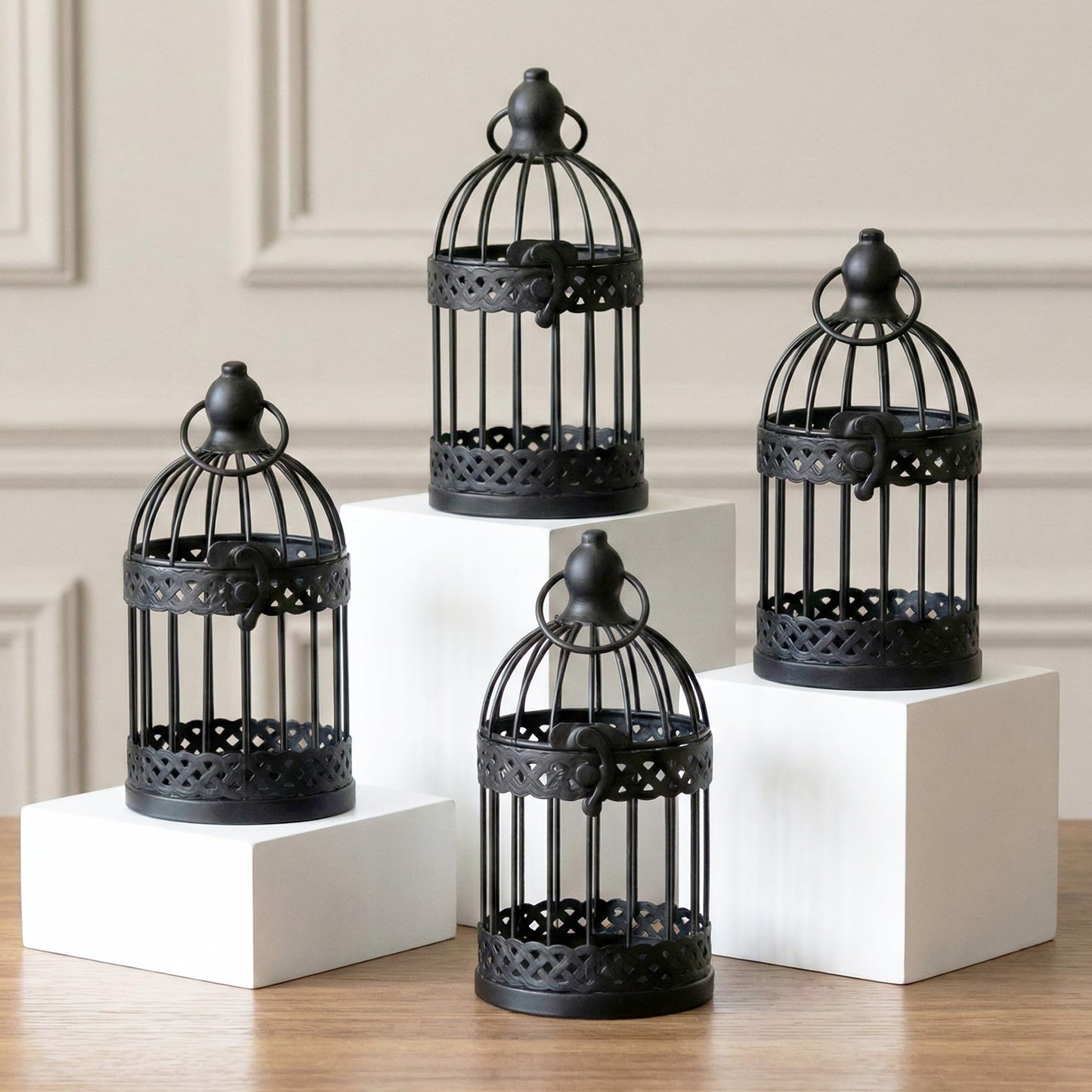 Vela Lanterns Bird Cage Decorative Candle Holders, Black, Small, 4-Pack