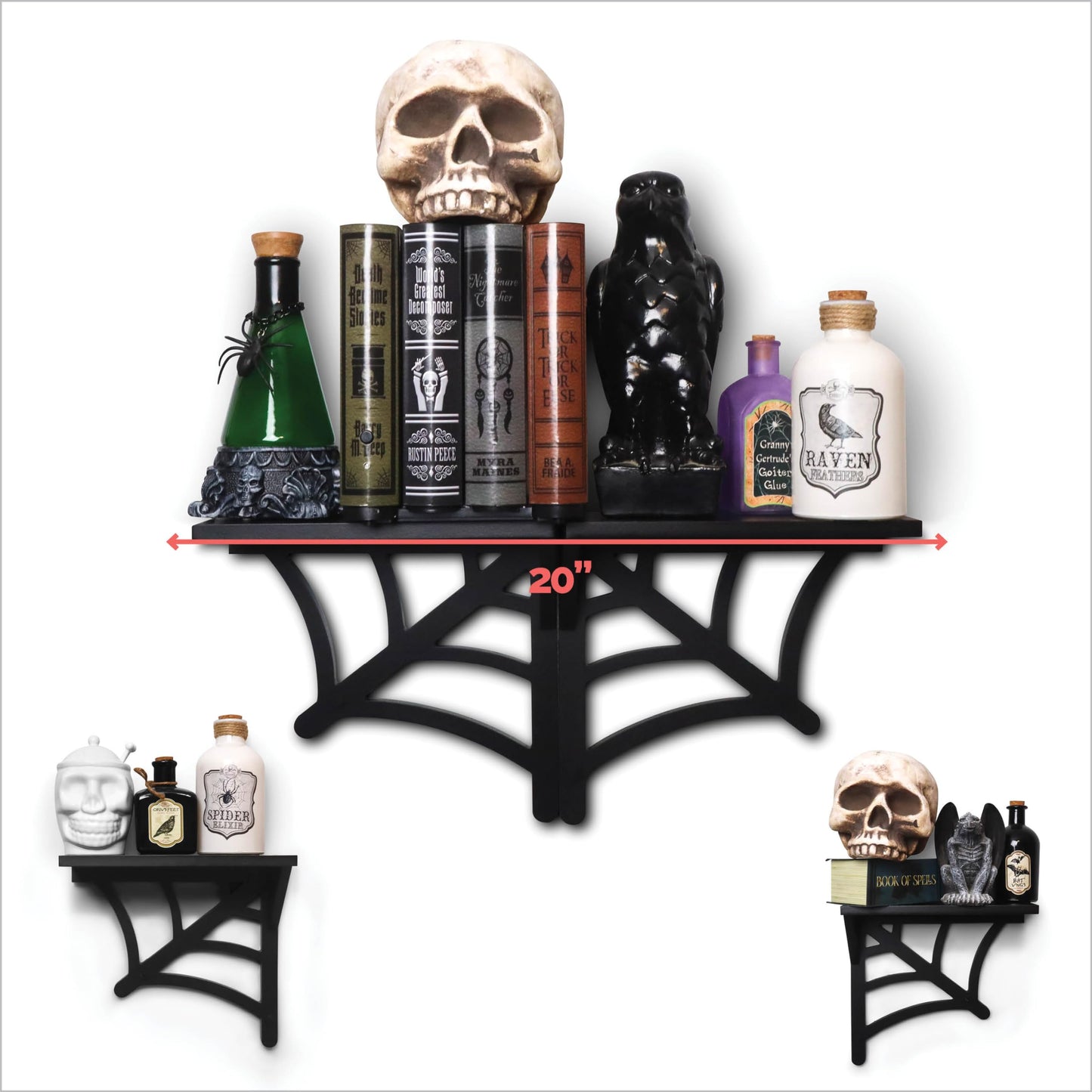 BELL BOOK AND CANDLE 2 PC Spider Web Floating Shelves - Hang Separately or Together - Spooky Gothic Decor - Goth Oddities Shelf - Horror Bookshelf
