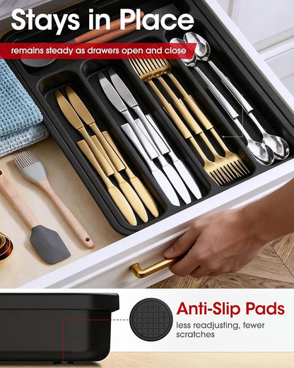 Aujen Silverware Organizer - Expandable Kitchen Drawer Organizer, Adjustable Utensil Organizer, Cutlery Tray for Forks, Knives, Multipurpose Kitchen Organizers and Storage Solution, Black, Medium