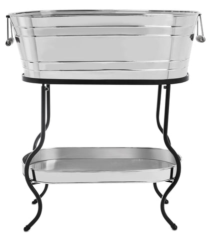 BirdRock Home Stainless Steel Beverage Tub with Stand - Oval - Bottom Tray - Party Drink Holder - Wooden Handles - Outdoor or Indoor Use - Free Standing