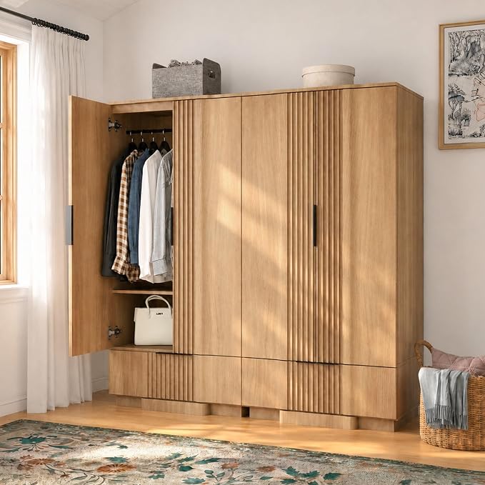 Yechen 67" Fluted Armoire Wardrobe Closet with Doors and Drawer, Wooden Wardrobe Closet Cabinet with Adjustable Shelve, Modern Small Armoires Storage Clothes, Coats for Bedroom, Natural