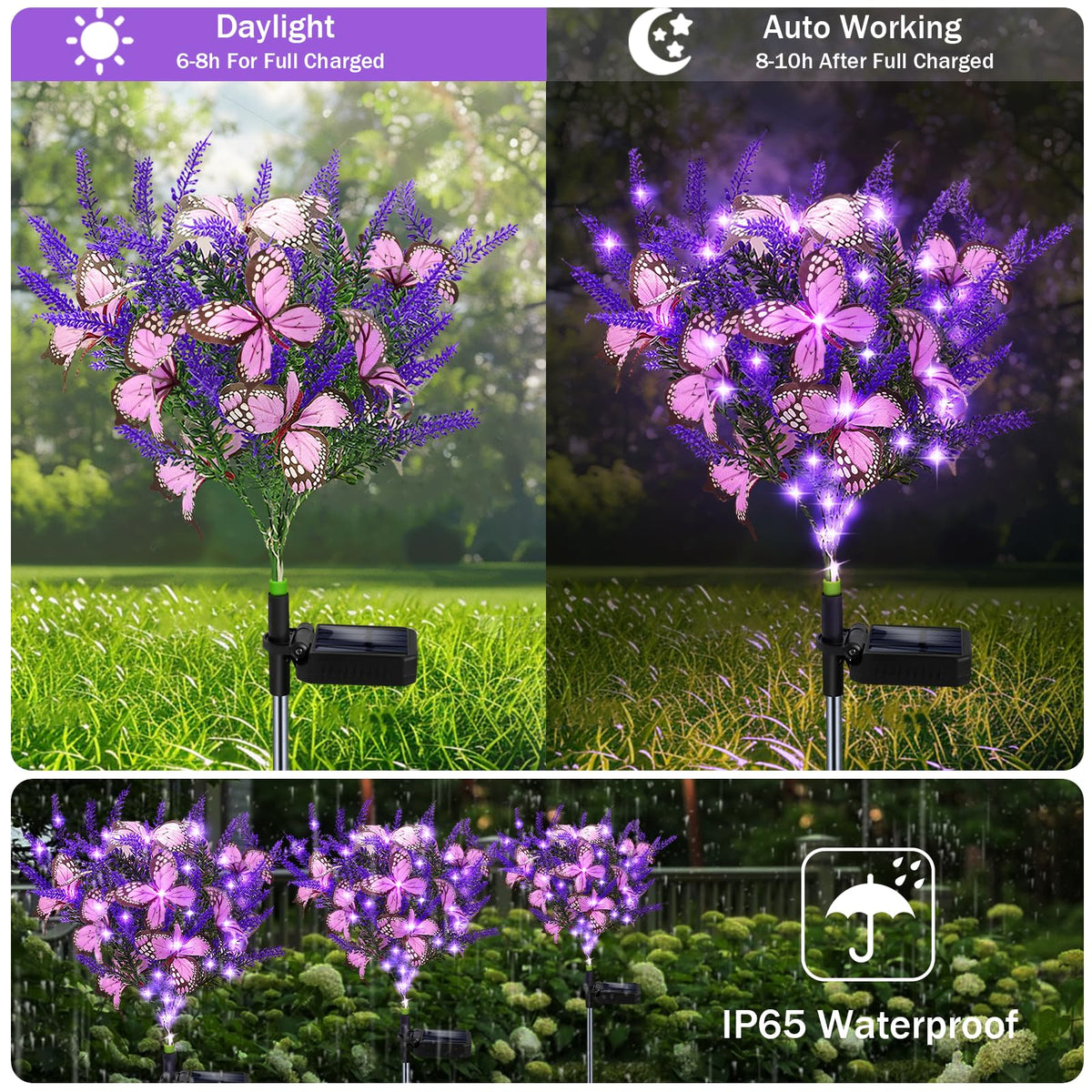 Kohlrabi Solar Garden Lights Outdoor, 2 Pack Purple Lavender Solar Butterfly Lights Gardening Gifts for Women,Artificial Flowers Light Purple Halloween Garden Decor for Patio Yard Lawn Christmas