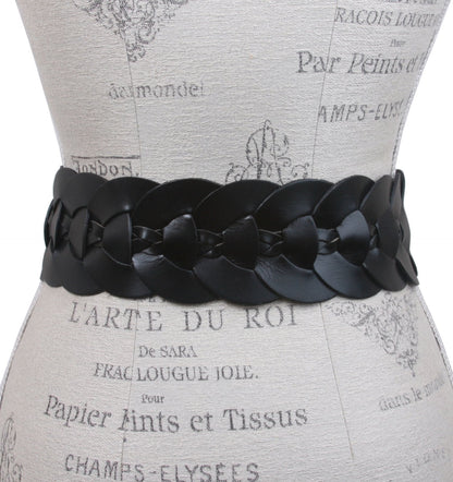 Beltiscool Ladies 3" (75 mm) Wide High Waist Round Disk Linked Braided Cowhide Top Full Grain Leather Belt, Black | 37"