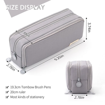 CICIMELON Large Capacity Pencil Case 3 Compartment Pouch Pen Bag for School Teen Girl Boy Men Women (Gray)