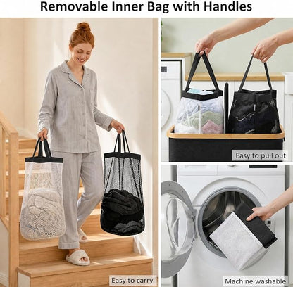 efluky Laundry Hamper with Lid, Double Laundry Basket with 2 Removable Bags, 2 Section Laundry Bin with Bamboo Handles for Bathroom, Bedroom & Laundry Room, 170L (44.9 Gallon) Black
