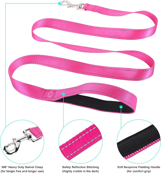 Soft Neoprene Padded Dog Collar and Leash Set for Small Medium Large Dogs, Reflective Durable Nylon Dog Collar with 5ft Leash Easy for Walking, Hot Pink,Neck fit 14.0-23.5’’