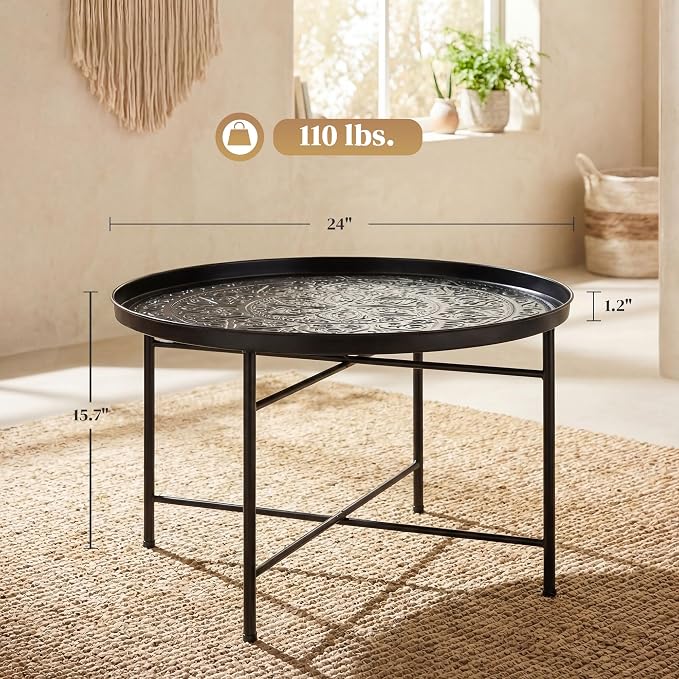 HOMCOM 24" Round Coffee Table with Hammered Tray Top, Vintage Metal Center Table for Living Room, Bedroom, Side Table, Black