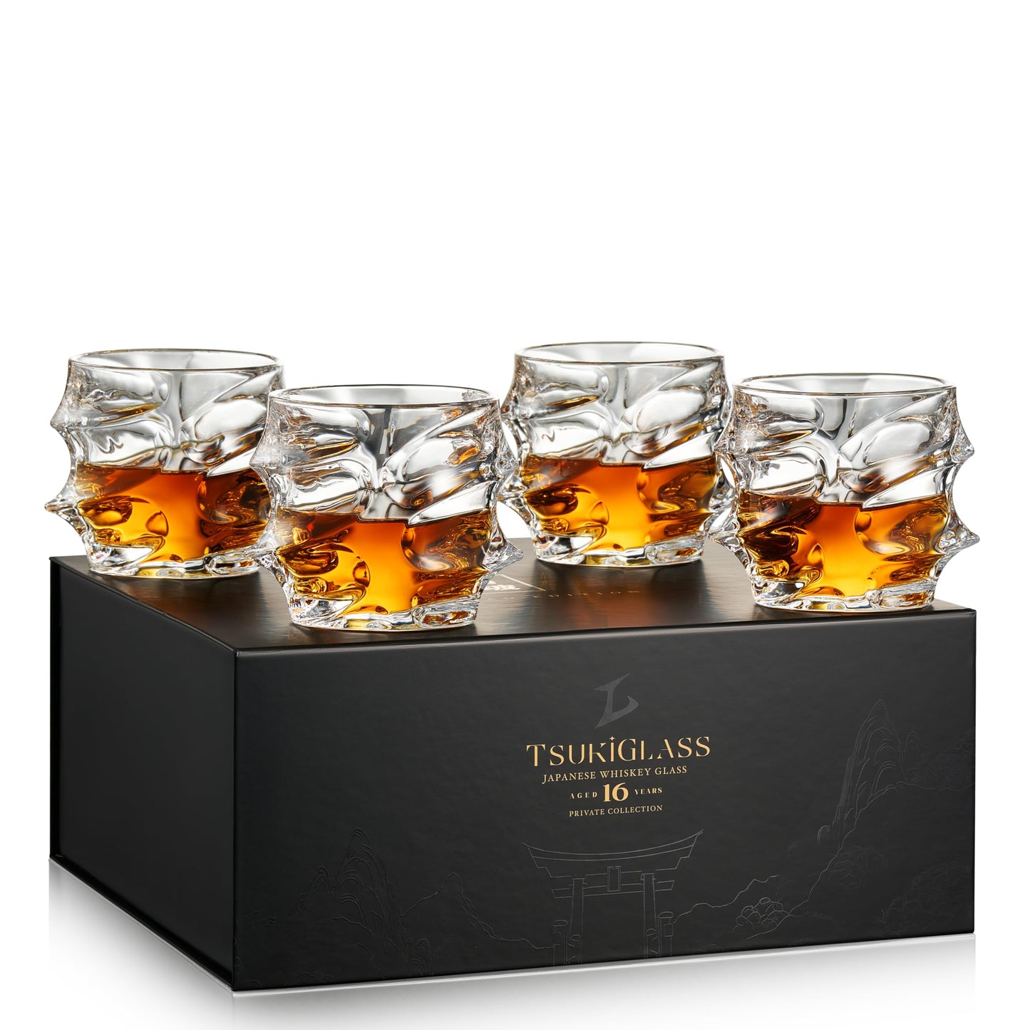 TSUKIGLASS® Storm Premium Japanese Crystal Whiskey Glasses Set of 4 - Gift Ready Box, 100% Ultra Clarity Lead-Free Crystal, 10oz Tumblers for Bourbon, Scotch & Cocktails, Luxury Gift for Father's Day