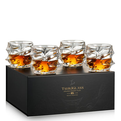 TSUKIGLASS® Storm Premium Japanese Crystal Whiskey Glasses Set of 4 - Gift Ready Box, 100% Ultra Clarity Lead-Free Crystal, 10oz Tumblers for Bourbon, Scotch & Cocktails, Luxury Gift for Father's Day