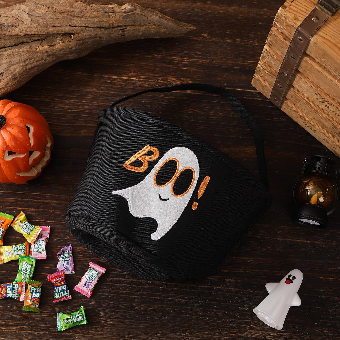 Halloween Bucket Halloween Basket for Kids, Trick or Treat Bags with Embroidery Foldable Candy Buckets Pumpkin Bucket Candies Basket with Handle for Party Decorations, (Black)