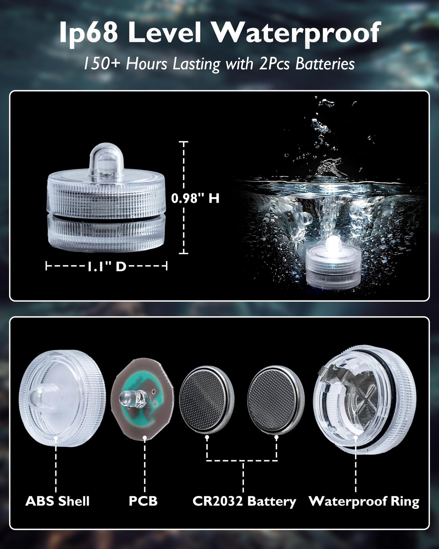 Homemory 12pcs Mini Submersible LED Lights, 150+Hour Waterproof Small Tealight Candles,Battery Operated Underwater EFX Light for Vase,Pool Pond,Halloween Lantern Decor