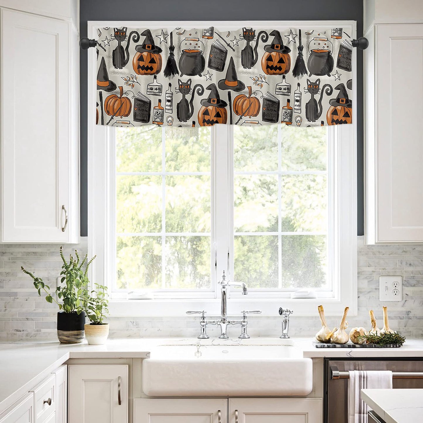 Halloween Curtains Valance for Bedroom Living Room, Pumpkin with Witch Hat Valance for Window , Curtains & Drapes Rod Pocket Black Cat Valances for Kitchen Window Curtains Over Sink 54x18in,1 Panel