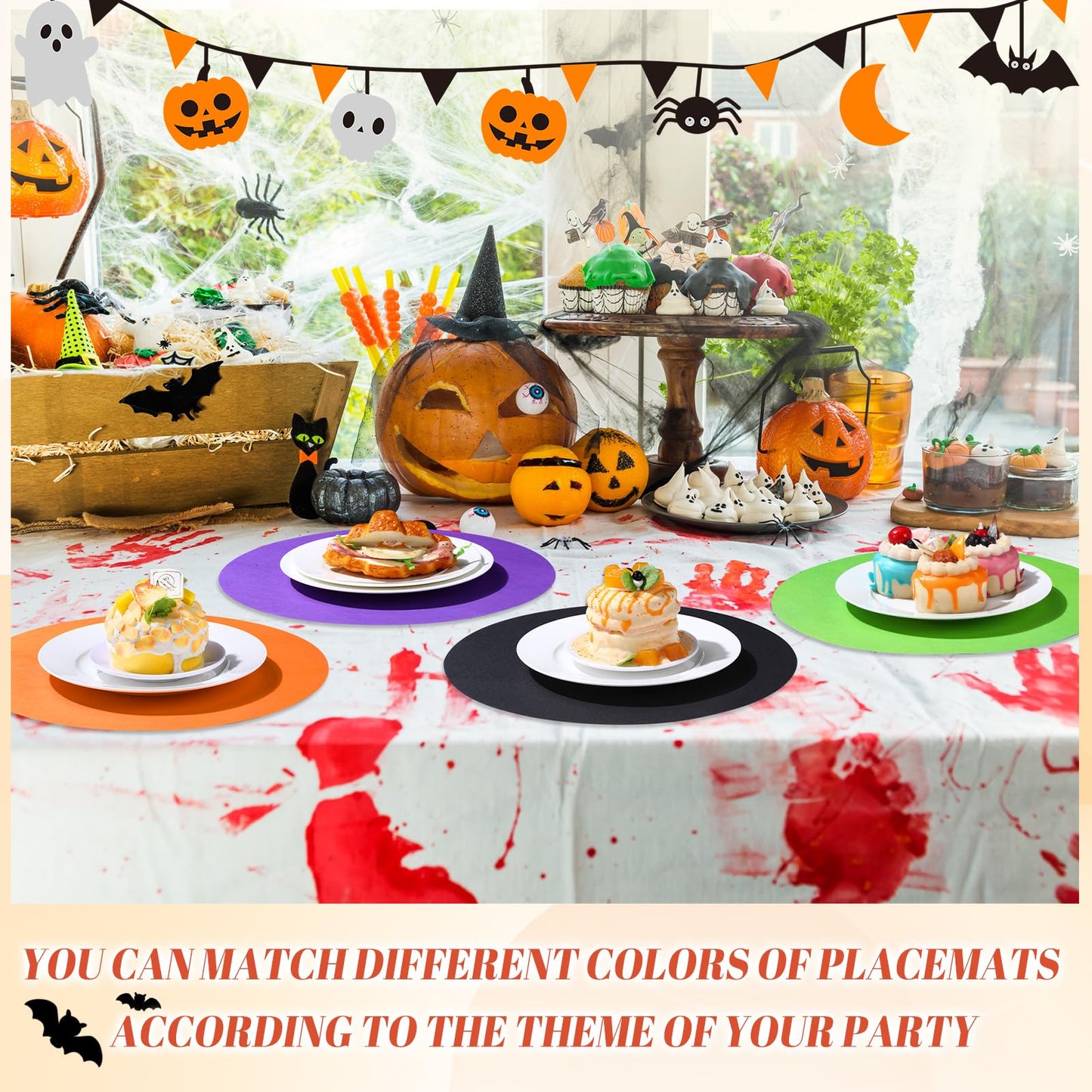 Moinchore 100 Pcs Halloween Disposable Paper Placemats Halloween Kitchen Round Dining Table Placemat Purple Black Orange Green Paper Place Mat Bulk for Thankgiving Dinner Spooky Party Home Restaurant