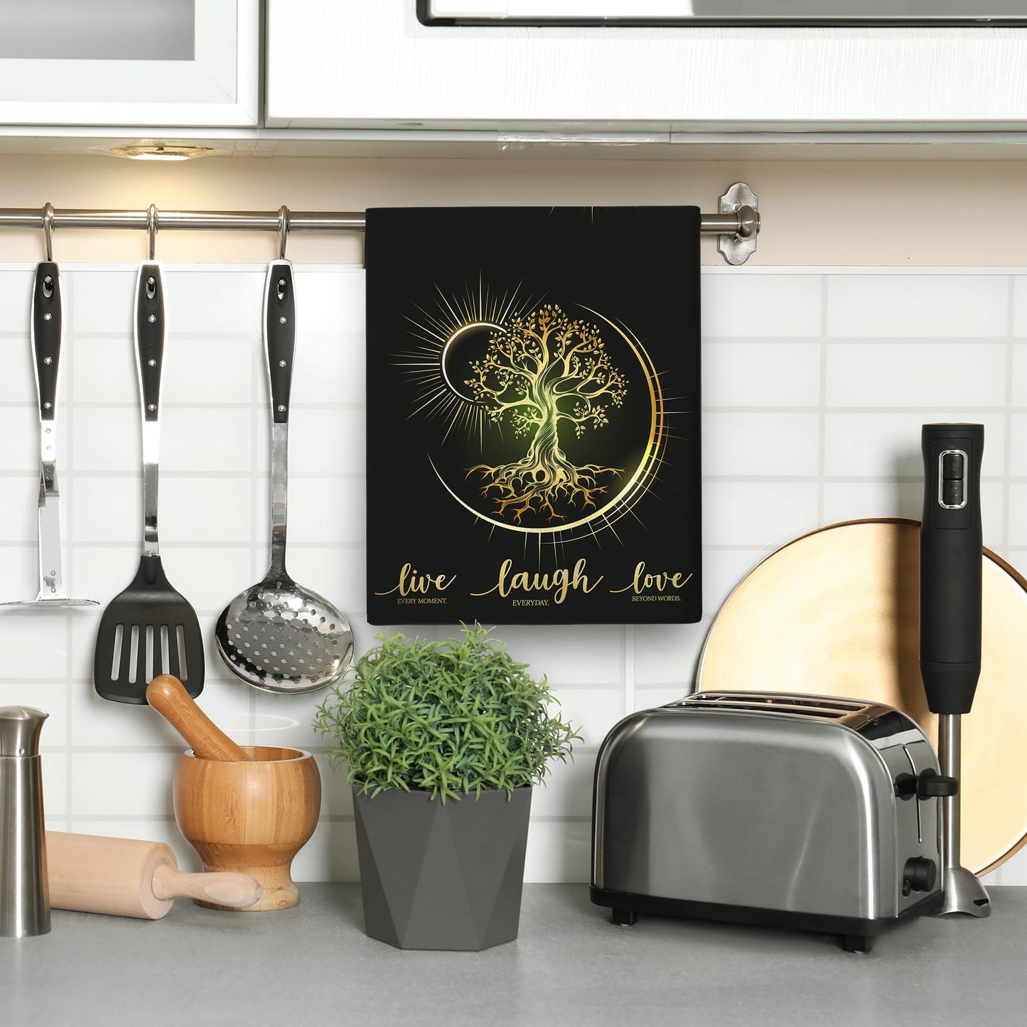 Wovoto Live Laugh Love Kitchen Towels Decorative Set of 2, Absorbent Tree Life Tea Towels Hand Towels for Kitchen,Hippie Witchy Kitchen Decor Aesthetic,Cute Moon Dish Towels for Kitchen Drying