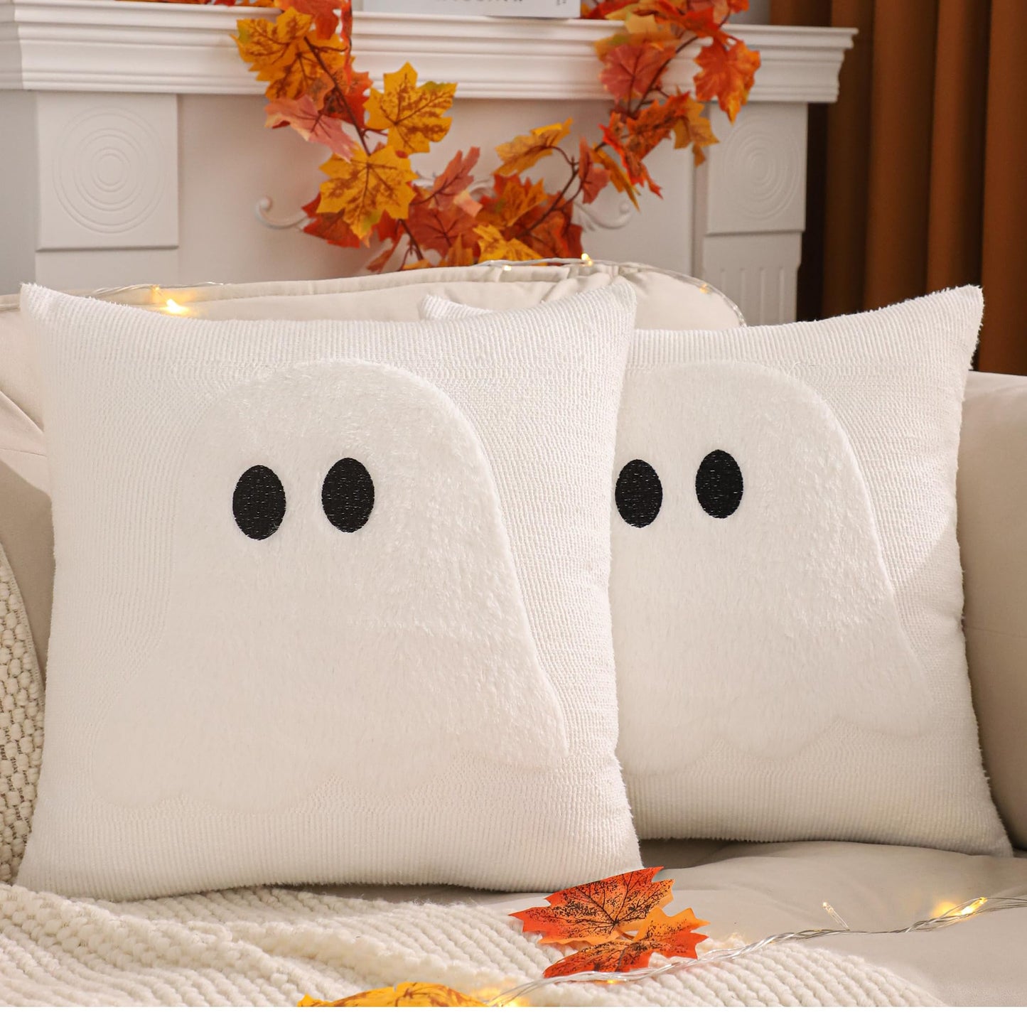 LUOYEHK Halloween Pillow Covers 18x18 Set of 2 Ghost Decorative Pillow Cases Farmhouse Plush Faux Fur Fluffy Cushion Covers for Couch Sofa Bed