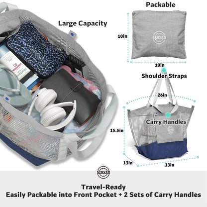 STOVER Extra Large Mesh Nylon Beach Bag, Vacation, Pool, Shopping, Toy, & Travel Tote - Foldable w/Storage Pouch & Pockets for Women, Men & Families - Heavy-Duty and Water-Resistant (Coastal Grey)