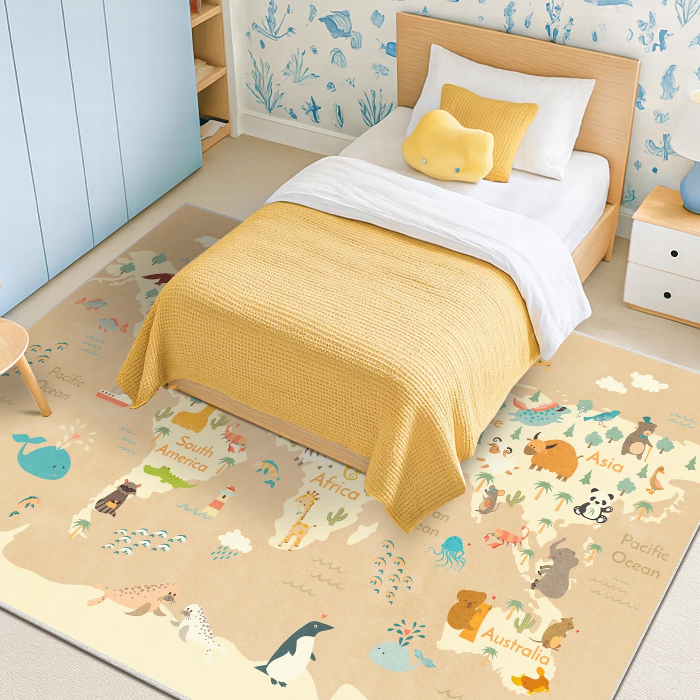 Hazo Haus Large Kids Rugs for Classroom - 6x9 Kids Room Rug with Animal & Educational World Map Play Mat - Washable, Non-Slip, Stain Resistant, Soft & Safe for Child, Playroom Essentials - Soft Beige