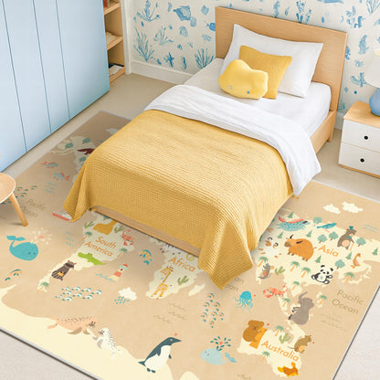 Hazo Haus Large Kids Rugs for Classroom - 6x9 Kids Room Rug with Animal & Educational World Map Play Mat - Washable, Non-Slip, Stain Resistant, Soft & Safe for Child, Playroom Essentials - Soft Beige